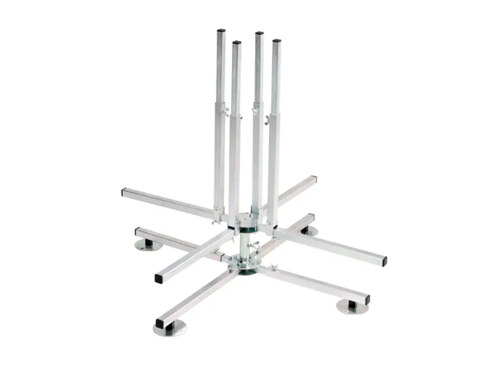 Faltbare Verlegehaspel aus Aluminium für TECEflex-Rollen, ausgestattet mit mehreren Stützen und einer stabilen Basis zur sicheren Aufbewahrung und Handhabung von Schlauchmaterial.
